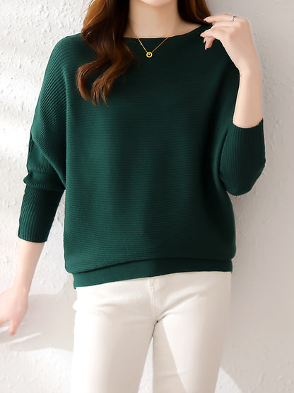 Solid Batwing Sleeve Knit Sweater, Casual Boat Neck Sweater For Spring & Fall, Women's Clothing