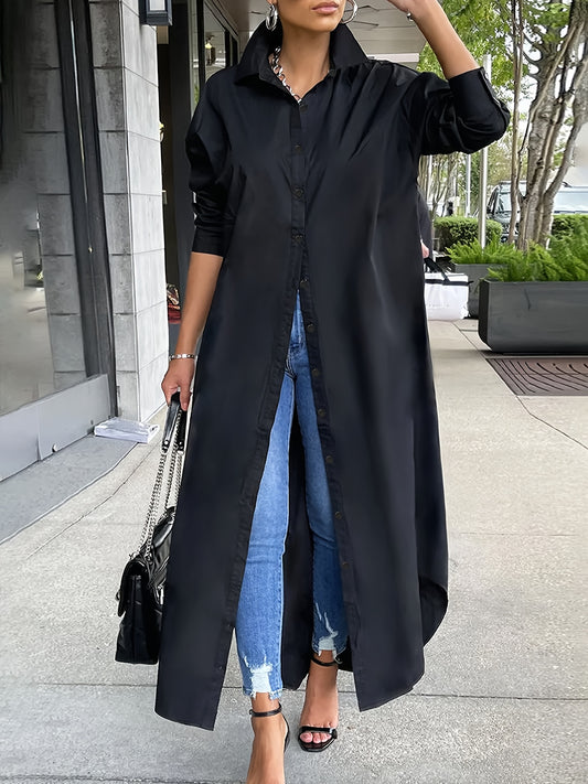 vlovelaw  Plus Size Casual Dress, Women's Plus Solid Long Sleeve Button Up Lapel Collar Shirt Maxi Dress