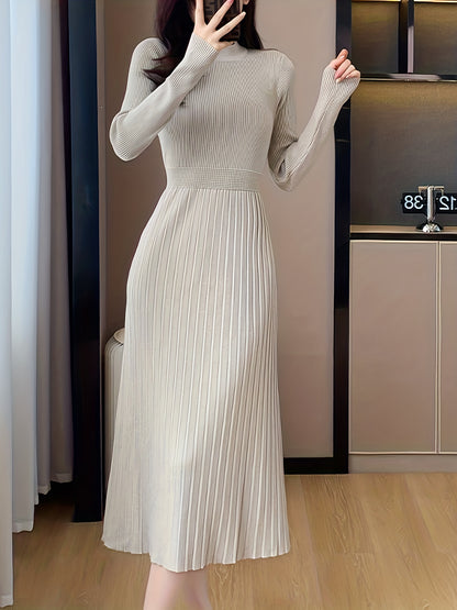vlovelaw Ribbed Solid Midi Dress, Elegant Long Sleeve Party Dress, Women's Clothing