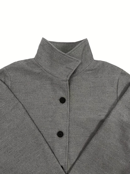 vlovelaw  Plus Size Casual Coat, Women's Plus Solid Long Sleeve Button Up Stand Collar Tunic Coat With Pockets