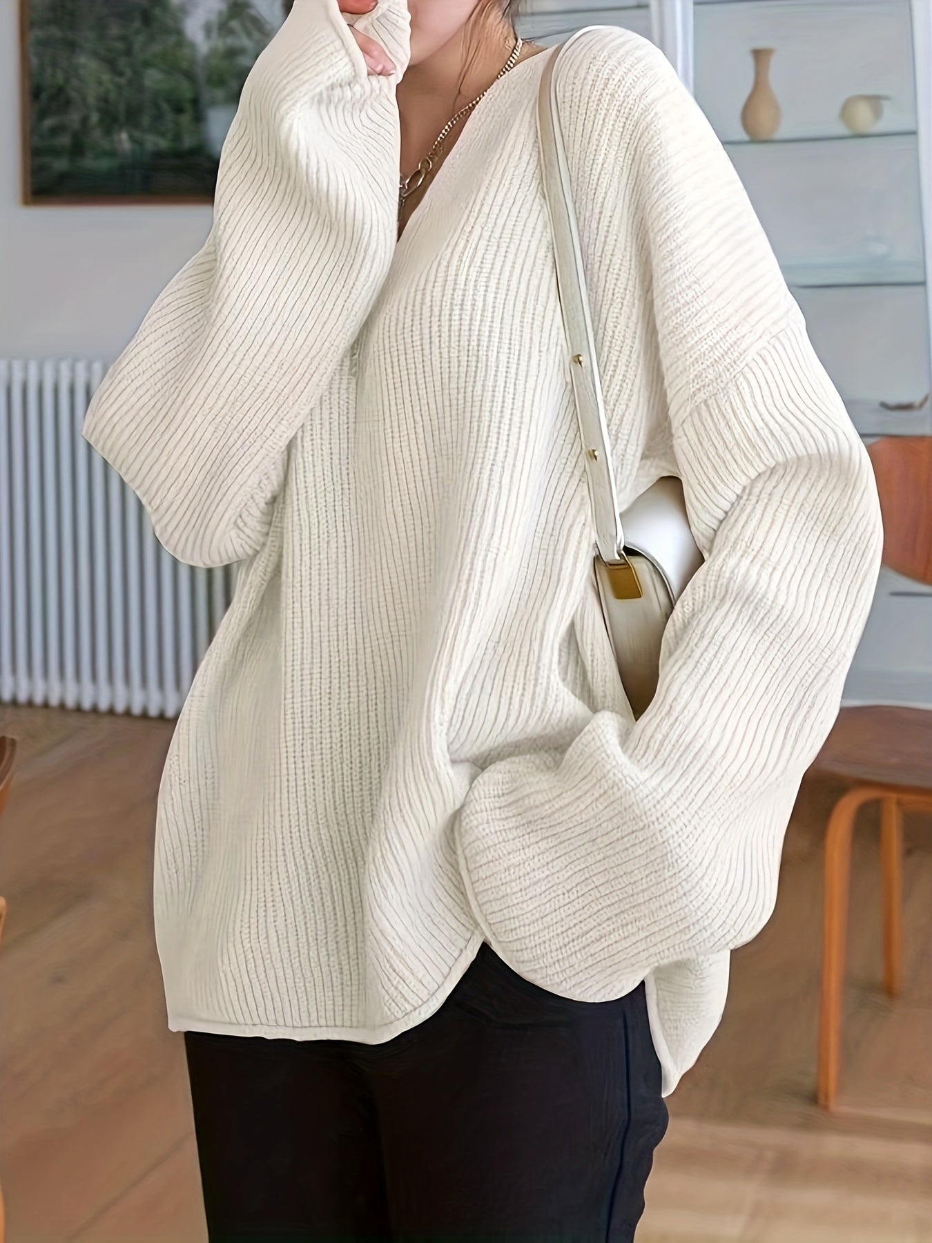 vlovelaw  Plus Size Casual Sweater, Women's Plus Solid Ribbed Drop Shoulder Long Sleeve V Neck Slight Stretch Loose Fit Pullover Jumper