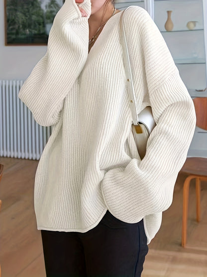 vlovelaw  Plus Size Casual Sweater, Women's Plus Solid Ribbed Drop Shoulder Long Sleeve V Neck Slight Stretch Loose Fit Pullover Jumper