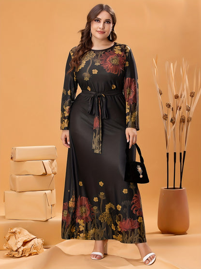 Plus Size Elegant Dress, Women's Plus Floral Print Long Sleeve Round Neck Maxi Dress With Belt