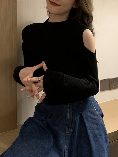 Solid Mock Neck Knitted Top, Casual Cold Shoulder Long Sleeve Slim Sweater, Women's Clothing