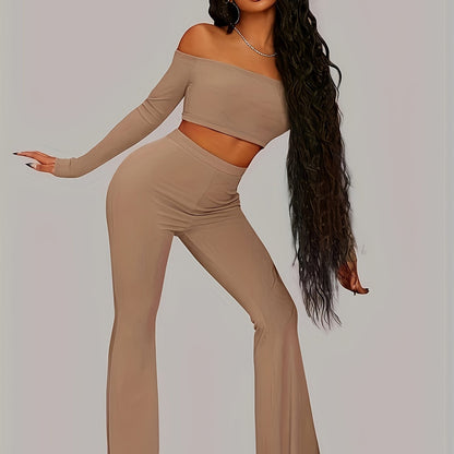 vlovelaw  Solid Casual Two-piece Set, Off Shoulder Long Sleeve Top & Flare Leg Pants Outfits, Women's Clothing