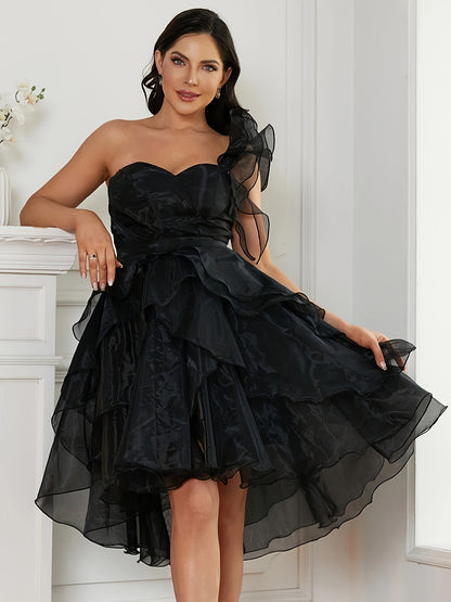 vlovelaw  One Shoulder Ruffle Trim Dress, Elegant A-line Mesh Overlay Evening Dress For Party & Banquet, Women's Clothing
