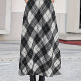 vlovelaw Plus Size Elegant Skirt, Women's Plus Plaid Print High Rise Swing Maxi Skirt With Pockets