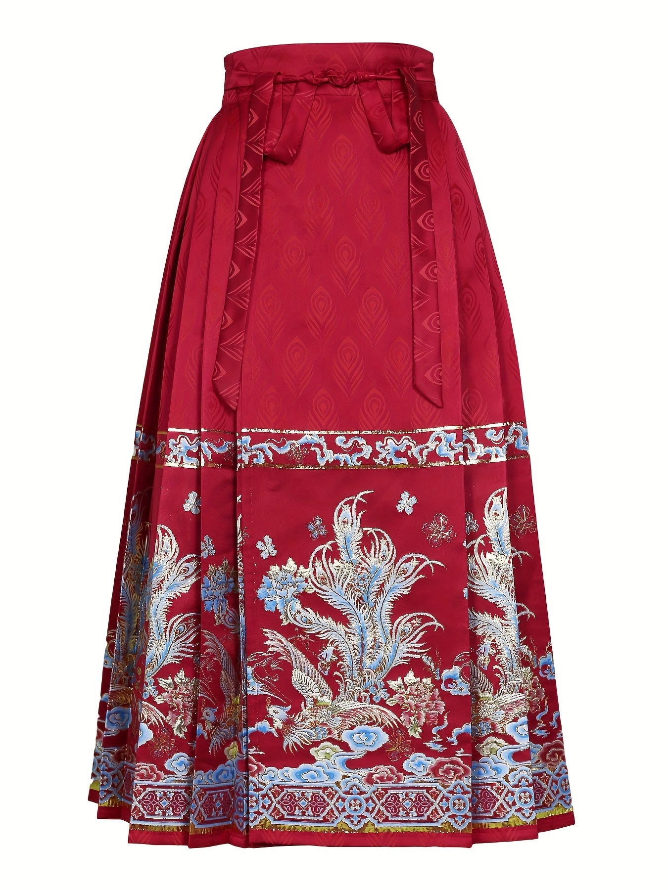 vlovelaw Floral Print Improved Hanfu, Elegant Pleated Midi Lace Up Horse Face Skirt For Festival, Women's Clothing