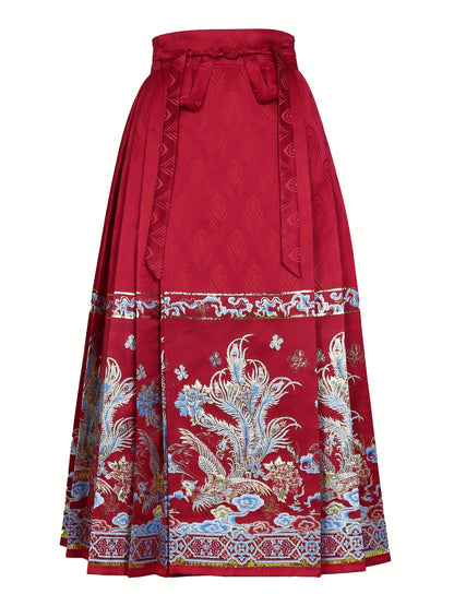vlovelaw Floral Print Improved Hanfu, Elegant Pleated Midi Lace Up Horse Face Skirt For Festival, Women's Clothing