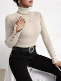 vlovelaw  Solid Turtle Neck Slim Pullover Sweater, Casual Long Sleeve Fake Button Sweater For Fall & Winter, Women's Clothing