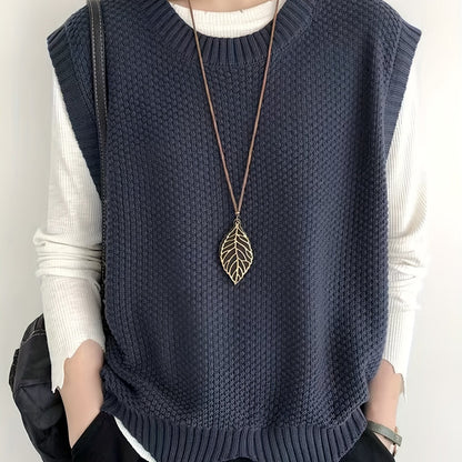 vlovelaw  vlovelaw  Solid Crew Neck Sweater Vest, Casual Sleeveless Vest For Spring & Fall, Women's Clothing