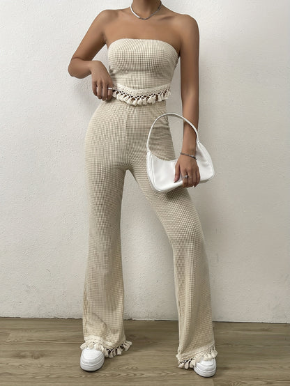 vlovelaw  Tassel Hem Casual Two-piece Set, Knotted Back Tube Top & Pants Outfits, Women's Clothing