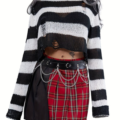 vlovelaw  Striped Crew Neck Ripped Sweater, Gothic Long Sleeve Crop Sweater For Spring & Fall, Women's Clothing
