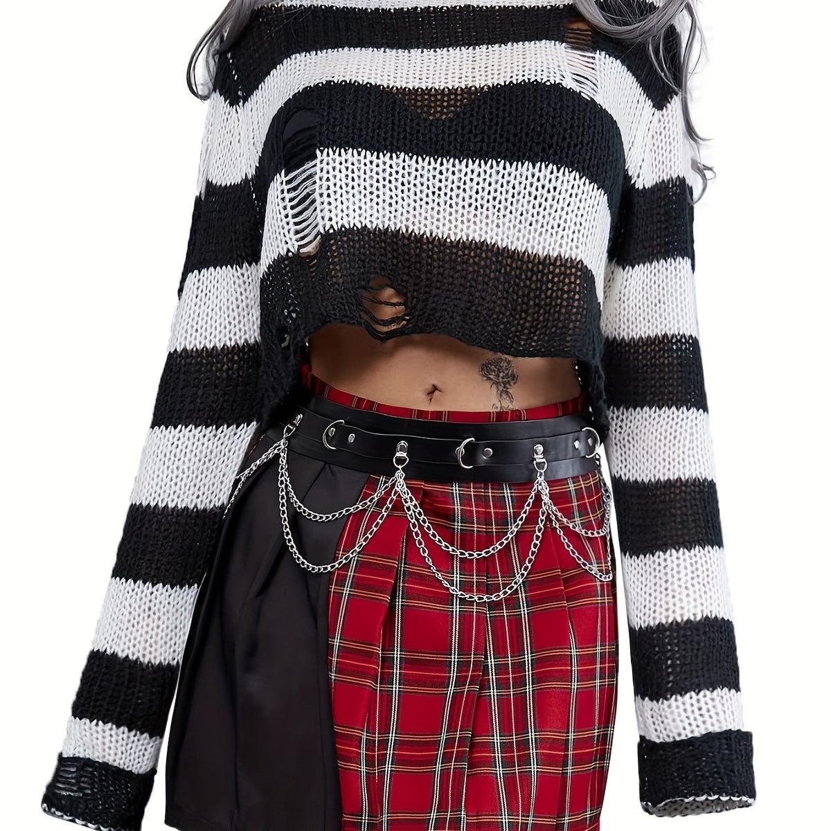 vlovelaw  Striped Crew Neck Ripped Sweater, Gothic Long Sleeve Crop Sweater For Spring & Fall, Women's Clothing