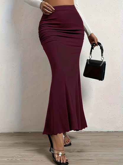 vlovelaw  Plus Size Sexy Skirt, Women's Plus Solid Side Ruched Elastic High Rise Medium Stretch Maxi Mermaid Skirt