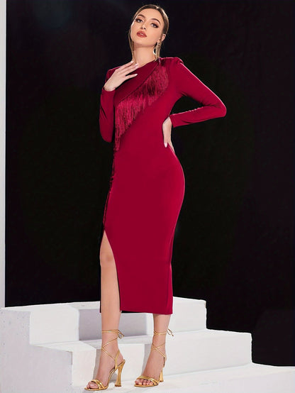 Fringe Trim Bodycon Dress, Elegant Long Sleeve Crew Neck Split Dress, Women's Clothing