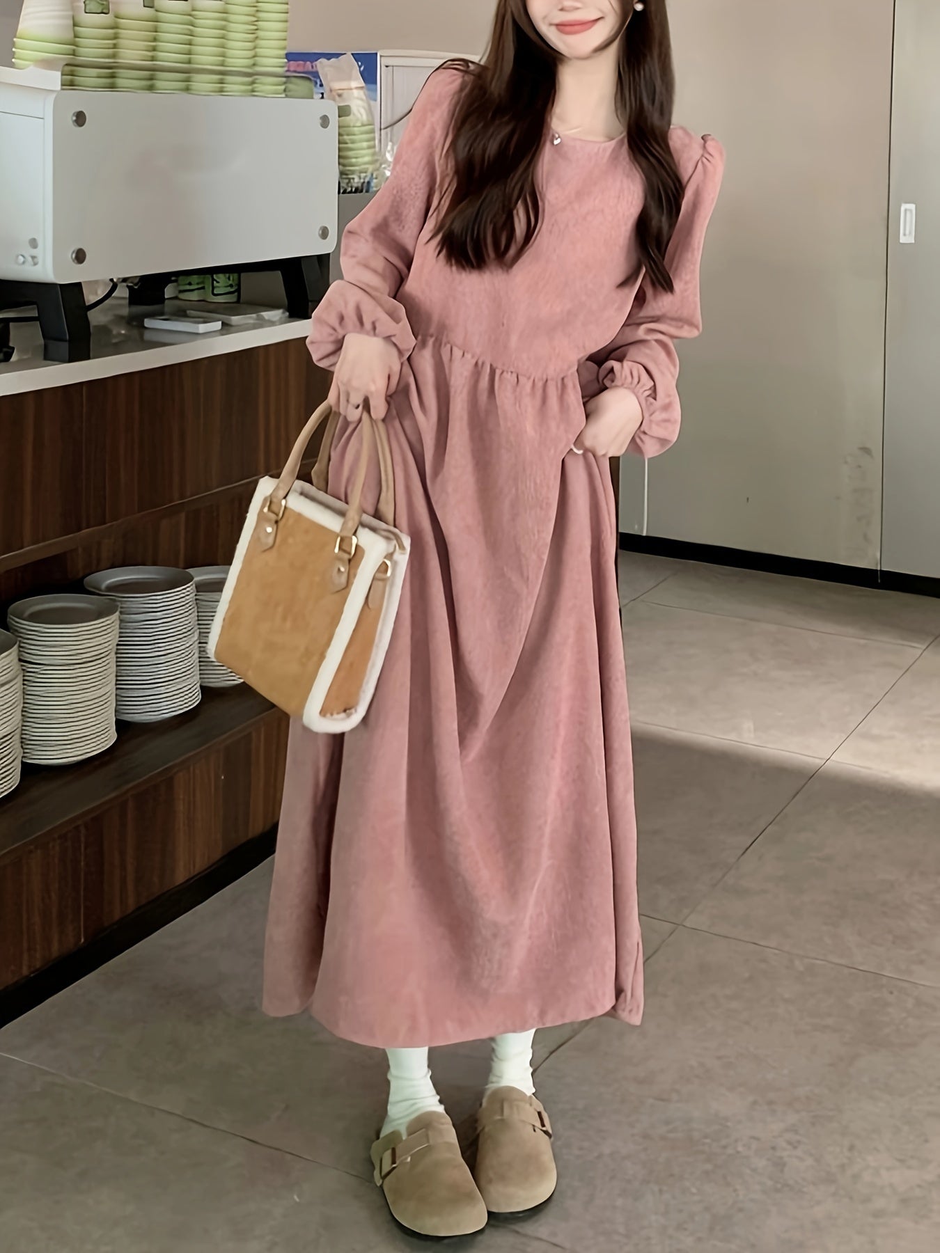 Solid Crew Neck Aline Dress, Elegant Long Sleeve Dress For Spring & Fall, Women's Clothing