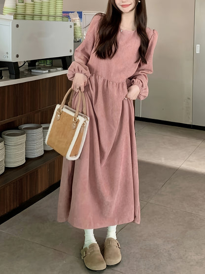 Solid Crew Neck Aline Dress, Elegant Long Sleeve Dress For Spring & Fall, Women's Clothing