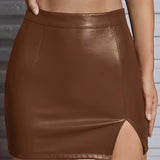 vlovelaw  PU Leather Bodycon Pencil Skirts, Side Split Casual Mini Skirts For Spring, Women's Clothing