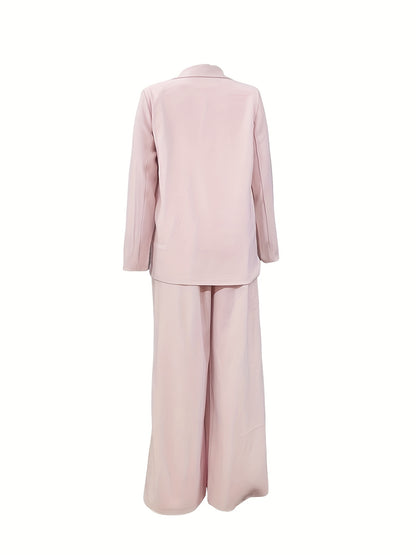 vlovelaw  Solid Casual Two-piece Set, Lapel Long Sleeve Blazer & Wide Leg Pants Outfits, Women's Clothing