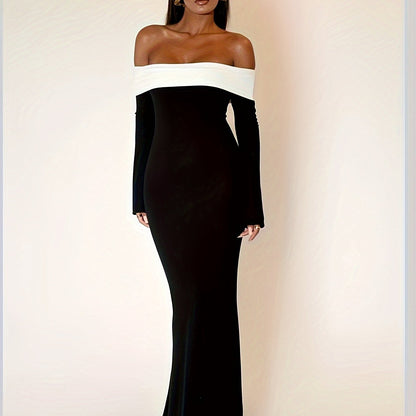 vlovelaw  Contrast Trim Off Shoulder Dress, Elegant Long Sleeve Bodycon Maxi Dress For Party & Banquet, Women's Clothing