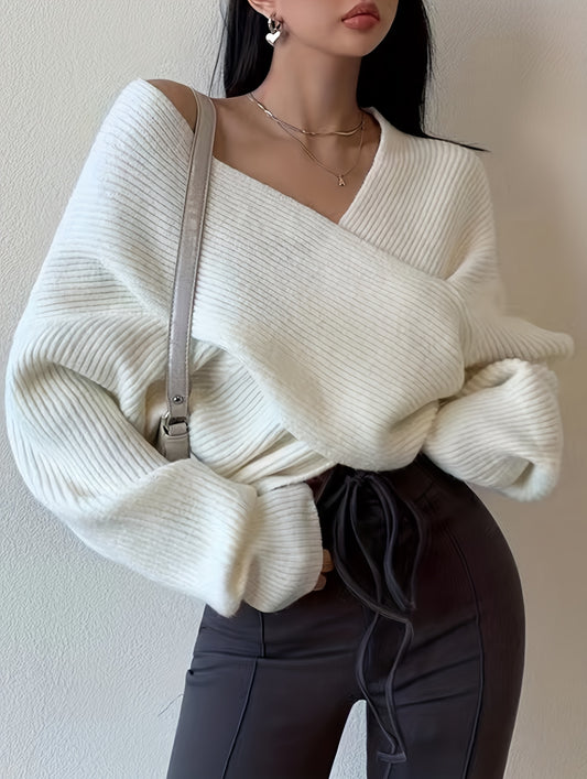 vlovelaw Solid Cross Front Knit Sweater, Sexy V Neck Long Sleeve Loose Fashion Sweater, Women's Clothing