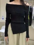 vlovelaw  Y2K Solid Off Shoulder Knitted Top, Streetwear Long Sleeve Split Slim Sweater, Women's Clothing
