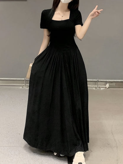 vlovelaw  Solid Simple Ruched Dress, Casual Square Neck Short Sleeve Dress, Women's Clothing