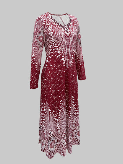 Allover Print Maxi Dress, Elegant V Neck Long Sleeve Dress, Women's Clothing