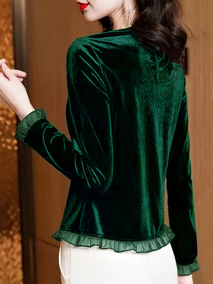 Velvet Lace Contrast Trim Top, Button Front V Neck Long Sleeve T-shirt, Women's Clothing