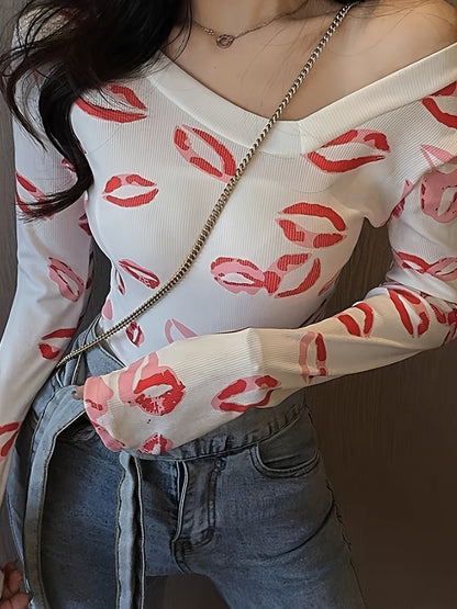 vlovelaw  Lip Kiss Print V Neck T-shirt, Elegant Long Sleeve Slim Fit Top, Women's Clothing