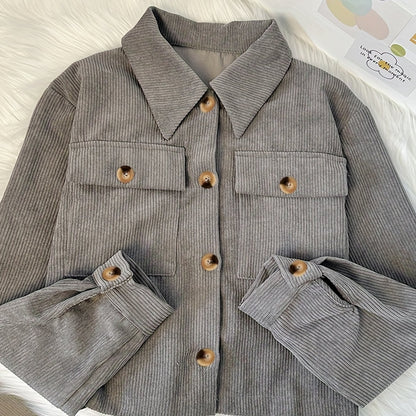 Flap Pockets Corduroy Crop Jacket, Casual Long Sleeve Jacket For Fall & Winter, Women's Clothing