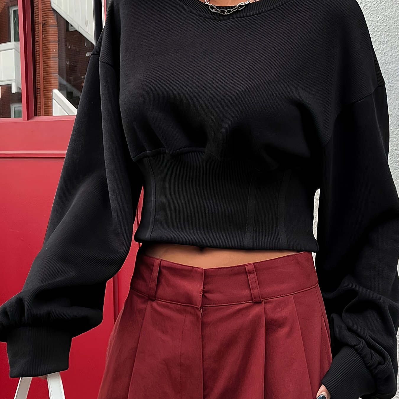 vlovelaw  Drop Shoulder Cinched Waist Sweatshirt, Stylish Long Sleeve Crew Neck Sweatshirt For Fall & Winter, Women's Clothing