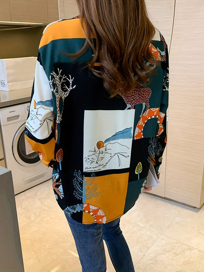 Color Block Button Front Shirt, Elegant Turn Down Collar Long Sleeve Shirt, Women's Clothing