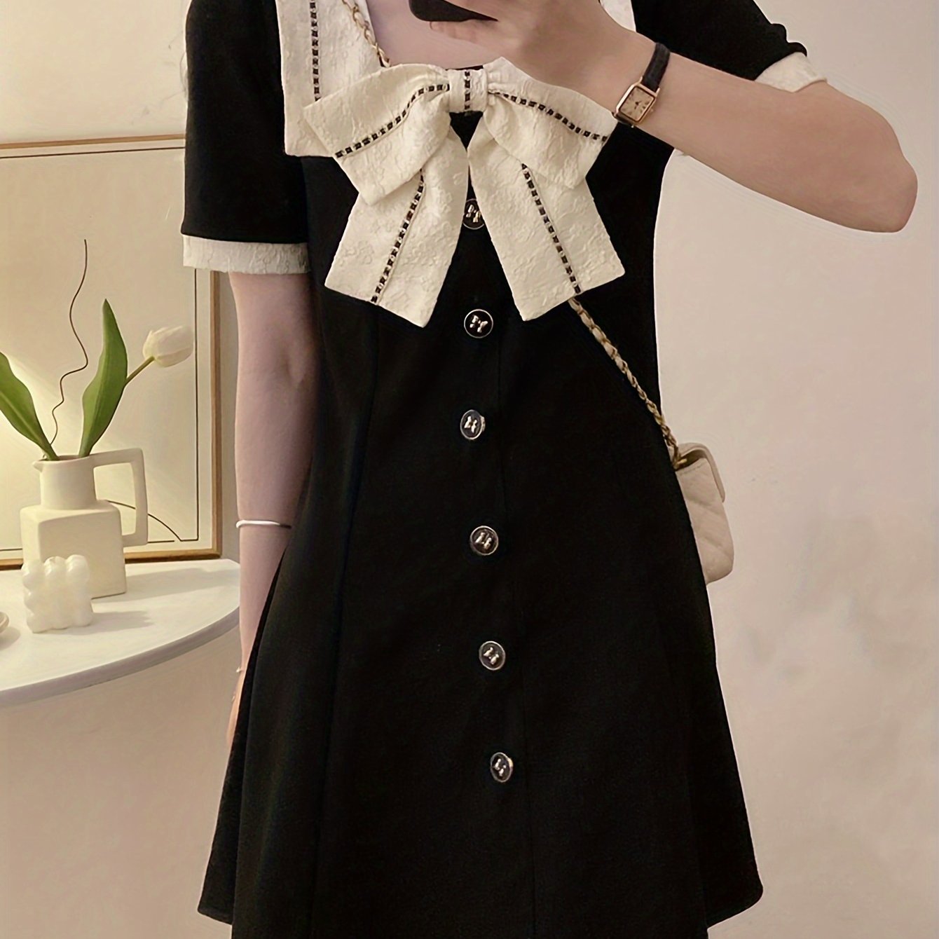 Contrast Trim Bow Decor Dress, Elegant Square Neck Single Breasted Dress For Spring & Summer, Women's Clothing