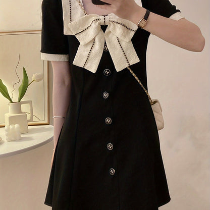 Contrast Trim Bow Decor Dress, Elegant Square Neck Single Breasted Dress For Spring & Summer, Women's Clothing