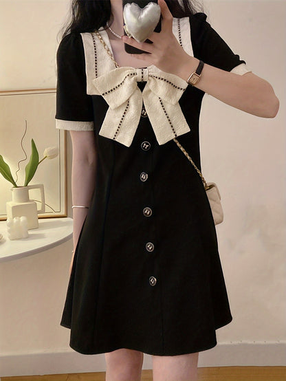 Contrast Trim Bow Decor Dress, Elegant Square Neck Single Breasted Dress For Spring & Summer, Women's Clothing