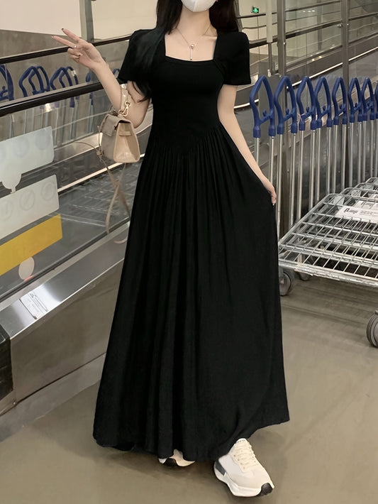 vlovelaw  Solid Simple Ruched Dress, Casual Square Neck Short Sleeve Dress, Women's Clothing