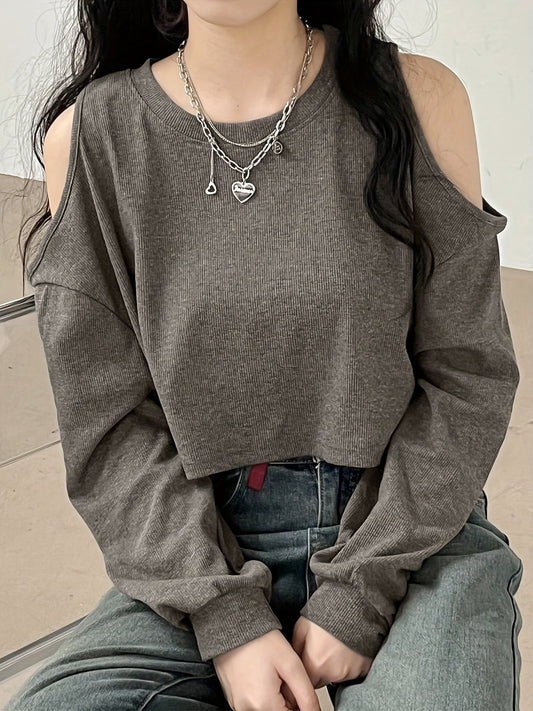 vlovelaw Cold Shoulder Crew Neck T-Shirt, Casual Long Sleeve T-Shirt For Spring & Fall, Women's Clothing