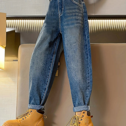Kid's Chic Elastic Waist Jeans, Denim Pants With Pockets, Girl's Novelty Clothes For Spring Fall Winter