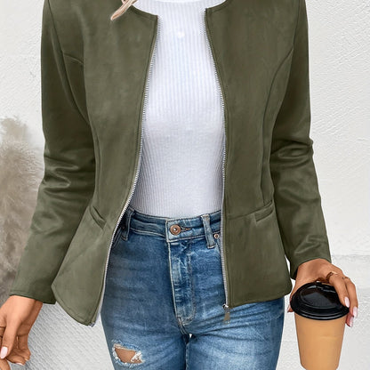 vlovelaw Solid Zip Up Jacket, Casual Long Sleeve Crew Neck Outerwear For Spring & Fall, Women's Clothing