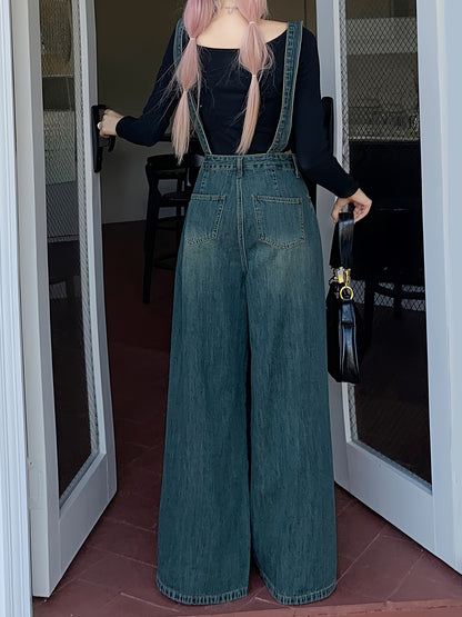 vlovelaw  Ripped Vintage Washed Wide Leg Denim Jeans, Loose Fit Adjustable Strap Comfy Denim Overalls, Women's Denim Jeans & Clothing