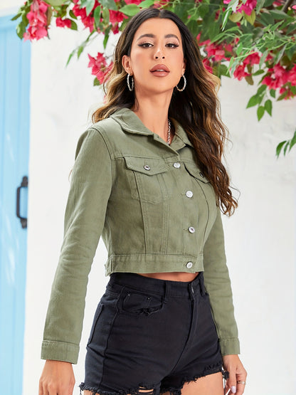 Army Green Lapel Denim Jackets, Long Sleeves Single-Breasted Button Cropped Denim Coats, Women's Denim Clothing