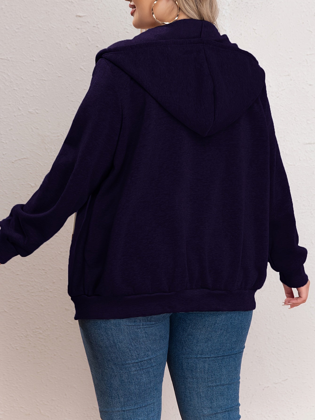 vlovelaw  Plus Size Casual Sweatshirt, Women's Plus Solid Zipper Front Long Sleeve Drawstring Hooded Sweatshirt