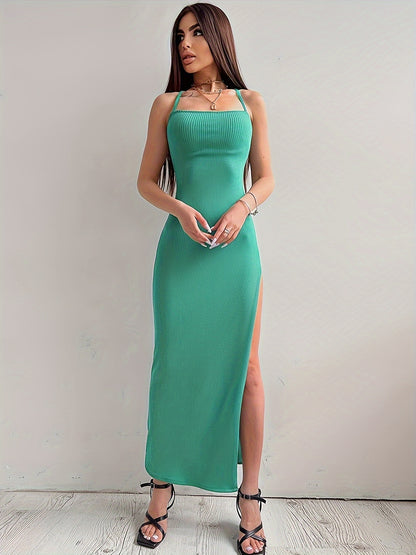 vlovelaw  Solid Tie Back Bodycon Cami Dress, Elegant Split Thigh Sleeveless Backless Dress, Women's Clothing