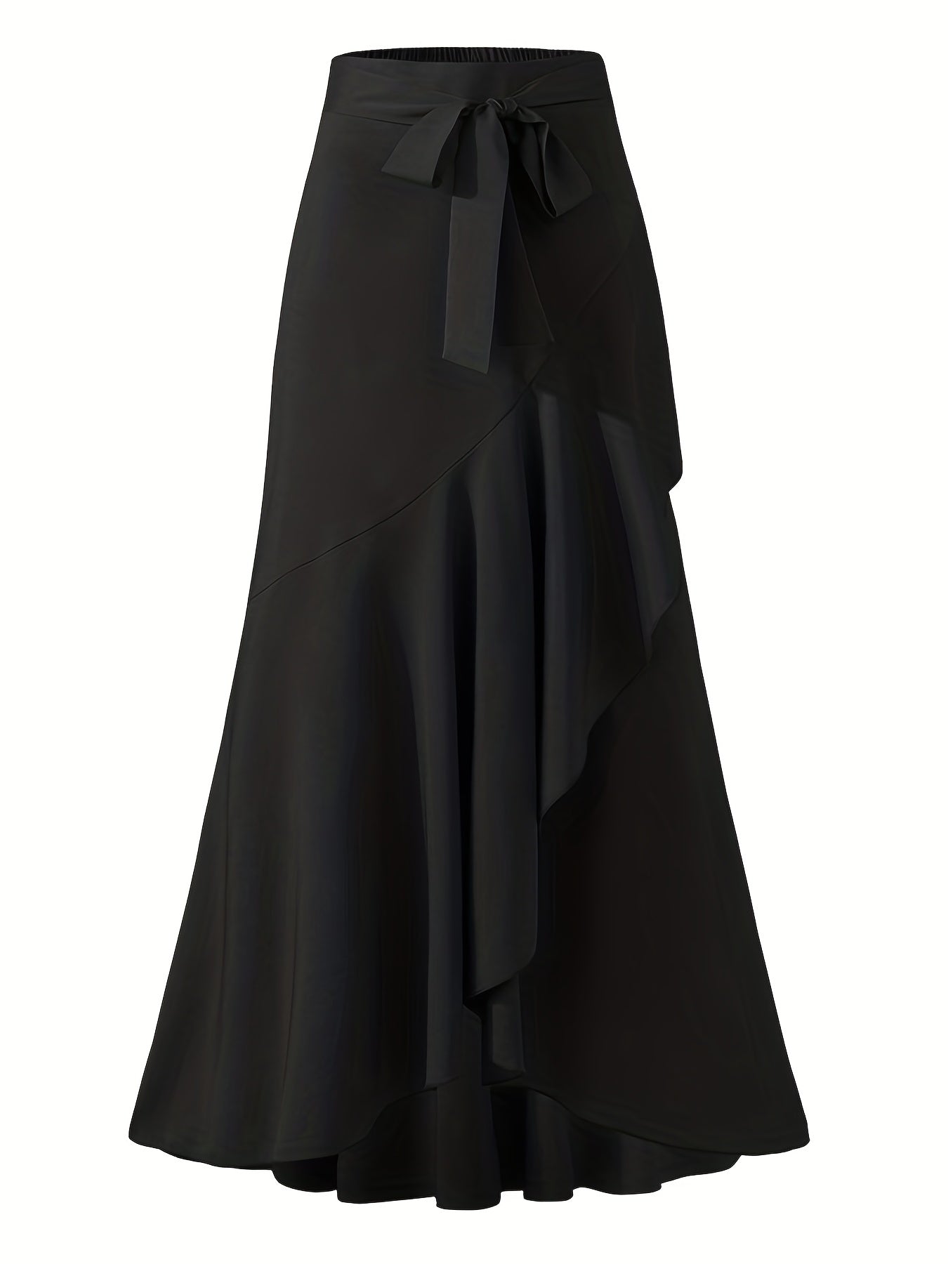 vlovelaw  Solid Ruffle Trim Asymmetrical Skirt, Elegant Belted Mermaid Skirt For Spring & Fall, Women's Clothing