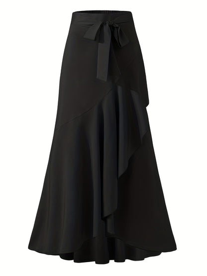vlovelaw  Solid Ruffle Trim Asymmetrical Skirt, Elegant Belted Mermaid Skirt For Spring & Fall, Women's Clothing