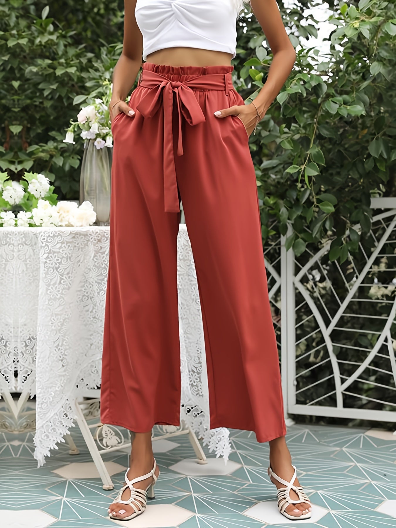 vlovelaw  Boho Smocked Wide Leg Pants, Casual High Waist Tie Front Solid Palazzo Pants, Women's Clothing