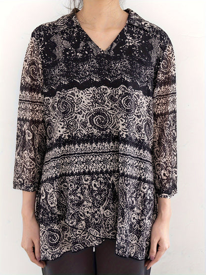 All Over Print V Neck Blouse, Elegant Long Sleeve Blouse For Spring & Fall, Women's Clothing