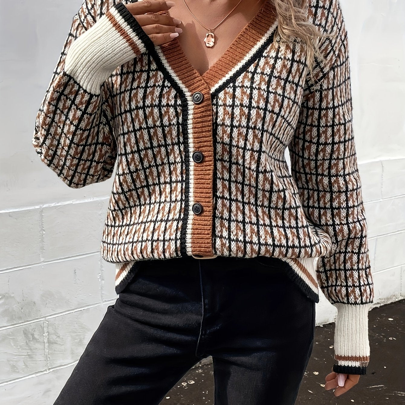 xieyinshe  Plaid Pattern Button Knit Cardigan, Vintage V Neck Long Sleeve Sweater, Women's Clothing